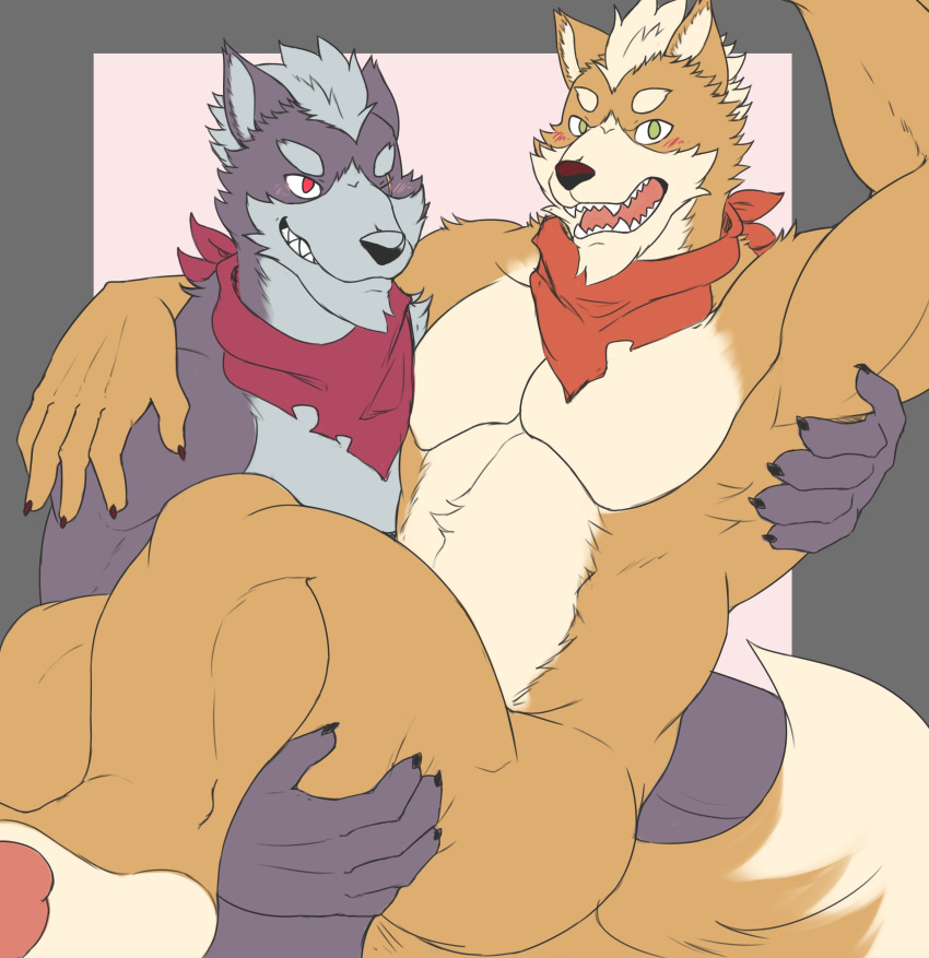 anthro blush canine carrying duo fox fox_mccloud male male/male mammal muscular muscular_male nintendo nude soliscanis star_fox video_games wolf wolf_o'donnell