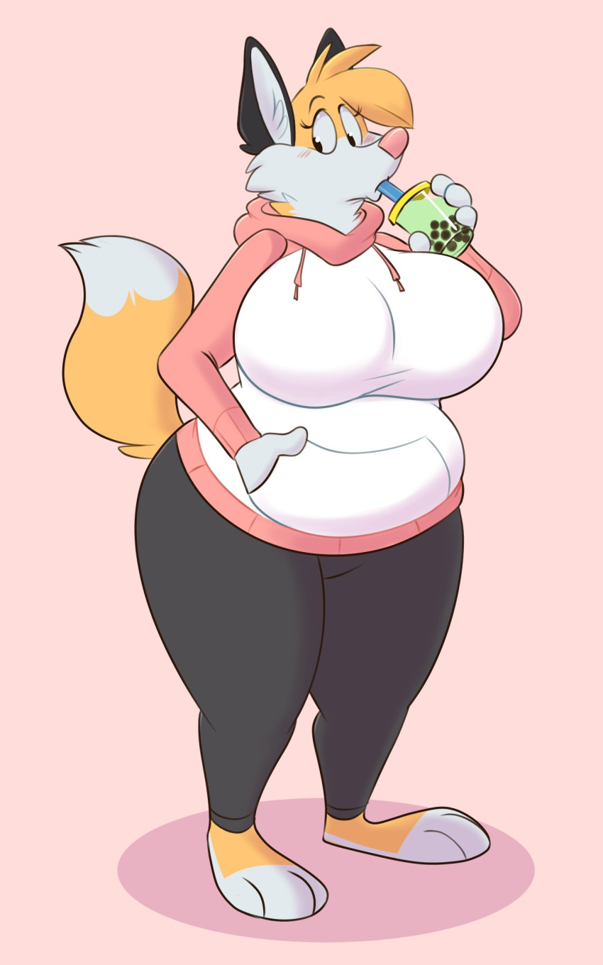 anthro belly big_belly big_breasts breasts bubble_tea canine clothed clothing drinking female fox hi_res hoodie huge_breasts mammal overweight overweight_female simple_background solo titsunekitsune zera_(titsunekitsune)