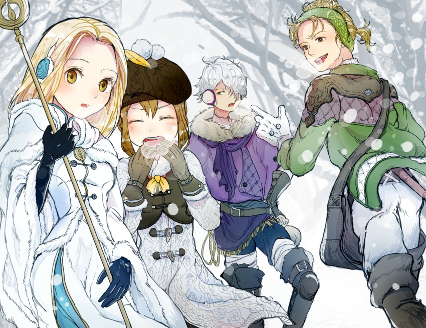 2girls alfyn_(octopath_traveler) blonde_hair brown_hair closed_eyes dress gloves green_eyes hair_over_one_eye hat highres jewelry long_hair multiple_boys multiple_girls necklace octopath_traveler open_mouth ophilia_(octopath_traveler) ponytail rico_ot scarf short_hair simple_background smile snow therion_(octopath_traveler) tressa_(octopath_traveler) white_hair
