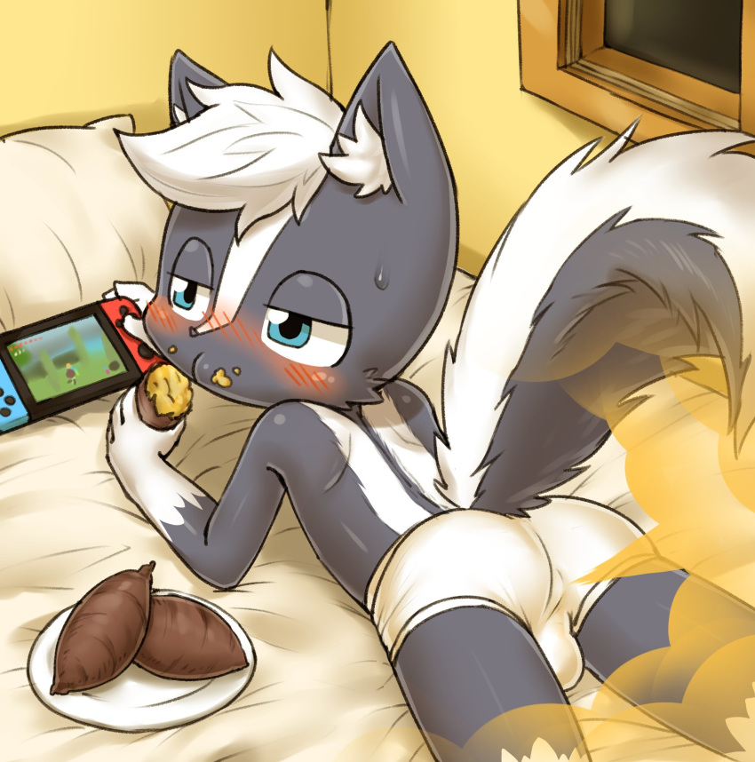 bed blue_eyes blush butt clothing cub fart food fur hair kambu_the_skunk male mammal mephitid nintendo nintendo_switch presenting presenting_hindquarters riroburo skunk smell solo sweet_potato underwear vegetable video_games white_fur young