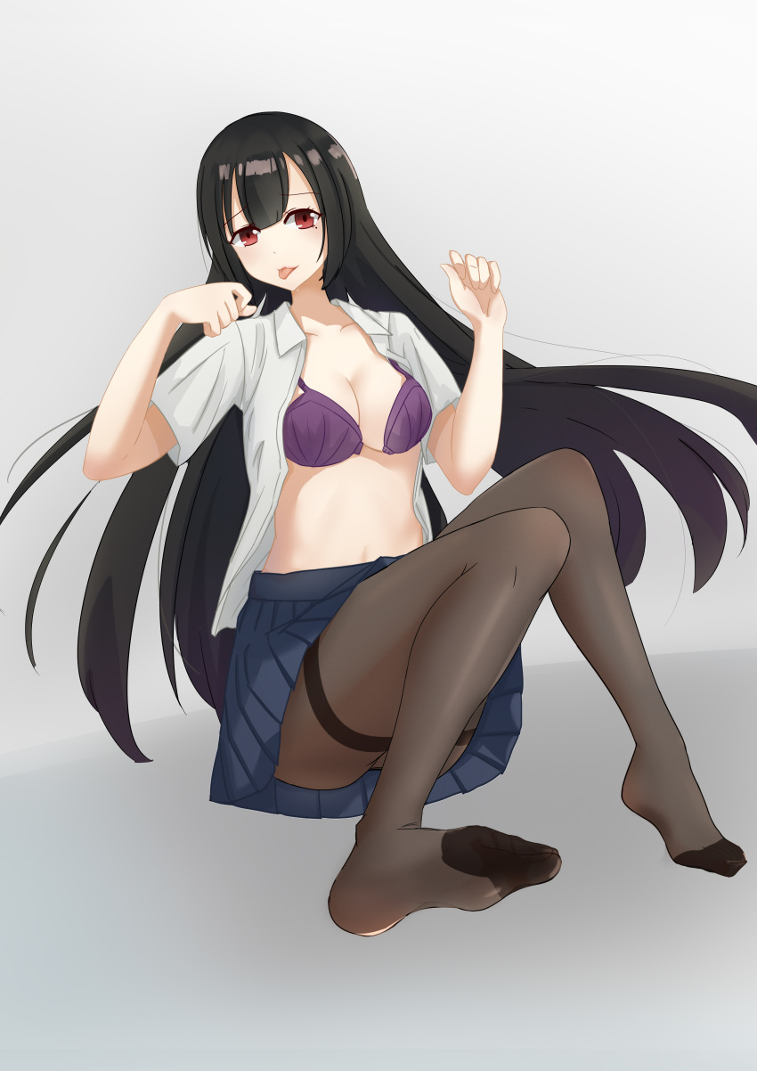 1girl absurdres beauty_mark black_hair bra breasts cleavage feet highres long_hair looking_at_viewer open_clothes open_shirt pantyhose red_eyes soles toes tongue tongue_out underwear