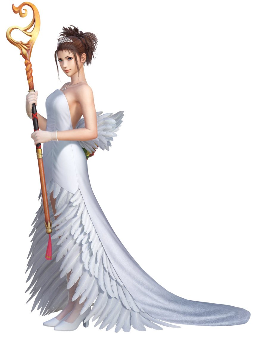 3d alternate_costume alternate_hairstyle backless_dress backless_outfit bangs bare_back bare_shoulders blue_eyes brown_hair dissidia_final_fantasy_nt dress feather_trim final_fantasy final_fantasy_x full_body gloves green_eyes hair_up heterochromia high_heels highres jewelry lace lace_gloves lace_legwear light_smile looking_at_viewer necklace official_art simple_background smile solo source_request staff strapless strapless_dress tiara wedding_dress white_background white_dress white_footwear white_gloves wings yuna_(ff10)