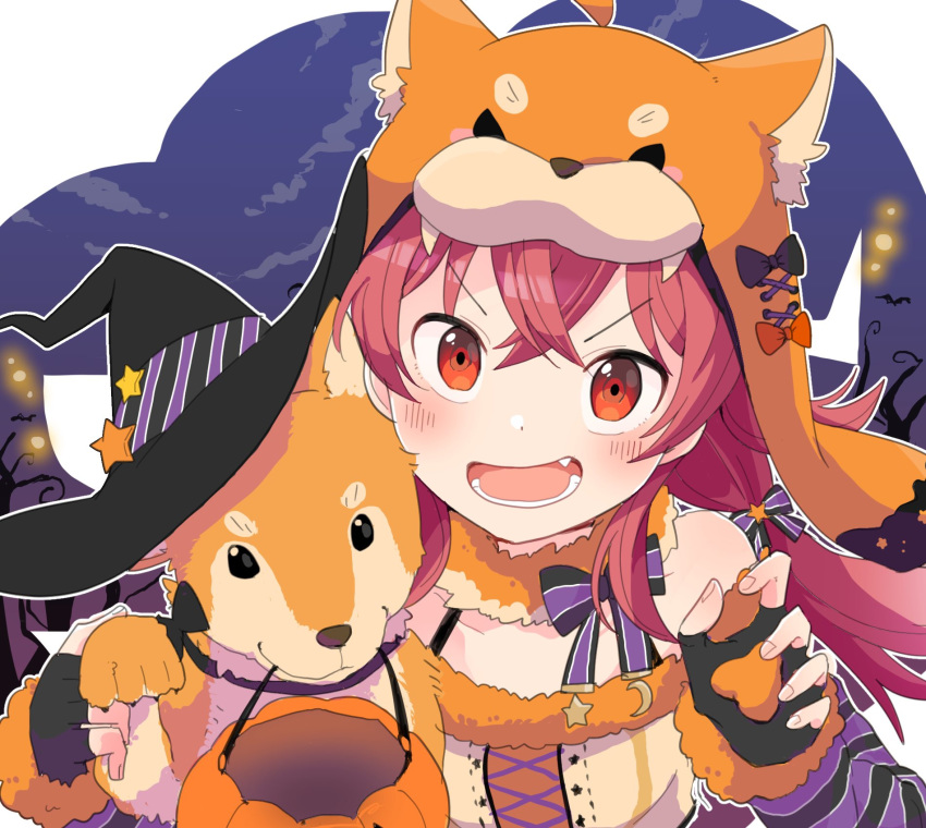 :d animal_hat bangs bat black_gloves bow chobota claw_pose commentary dog dog_hat fang fingerless_gloves fur_collar gloves halloween halloween_basket hat highres idolmaster idolmaster_shiny_colors komiya_kaho looking_at_viewer lower_teeth night open_mouth pumpkin red_eyes red_hair shiba_inu smile solo striped striped_bow twintails upper_body v-shaped_eyebrows witch_hat