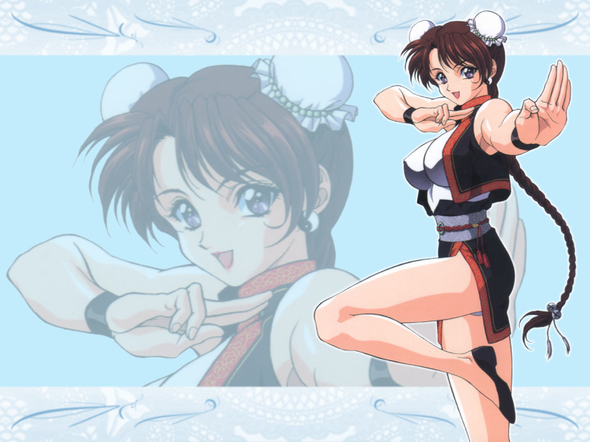 90s black_footwear blue_eyes braid breasts brown_hair double_bun earrings fighting_stance jewelry large_breasts leg_up long_hair looking_at_viewer open_mouth outstretched_hand sleeveless solo very_long_hair wristband yin_yang yin_yang_earrings yoshizane_akihiro zoom_layer