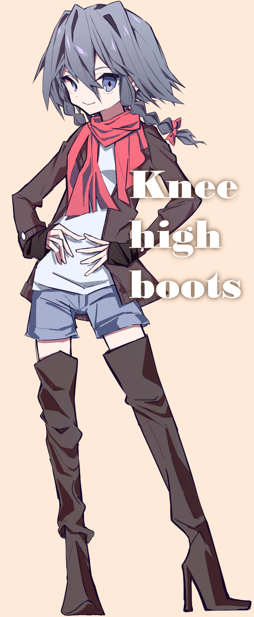 absurdres arched_soles bangs boots brown_footwear brown_jacket closed_eyes closed_mouth commentary contrapposto english eyebrows_visible_through_hair full_body grey_eyes grey_hair grey_shorts hair_between_eyes hands_on_hips high_heel_boots high_heels highres izayoi_sakuya jacket long_legs long_sleeves looking_at_viewer mizoreshi open_clothes open_jacket red_scarf scarf shirt short_shorts shorts skinny slim_legs smile standing stiletto_heels thigh_boots thighhighs touhou white_shirt