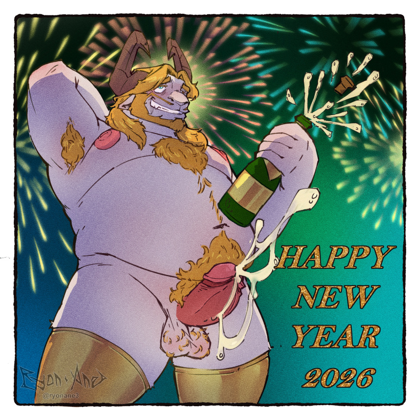 alcohol anthro asgore_dreemurr balls beard beverage blonde_hair bodily_fluids body_hair boss_monster_(undertale) bovid breasts caprine champagne clothed clothing cum_explosion digital_media_(artwork) drunk ejaculation erection facial_hair fur genital_fluids genitals goat gold_stockings hair hairy_balls hi_res horn humanoid_genitalia humanoid_penis inverted_nipples male mammal mature_male new_year_2026 nipples nude overweight overweight_male penis pubes ryonane smile solo substance_intoxication text undertale undertale_(series) white_body white_fur
