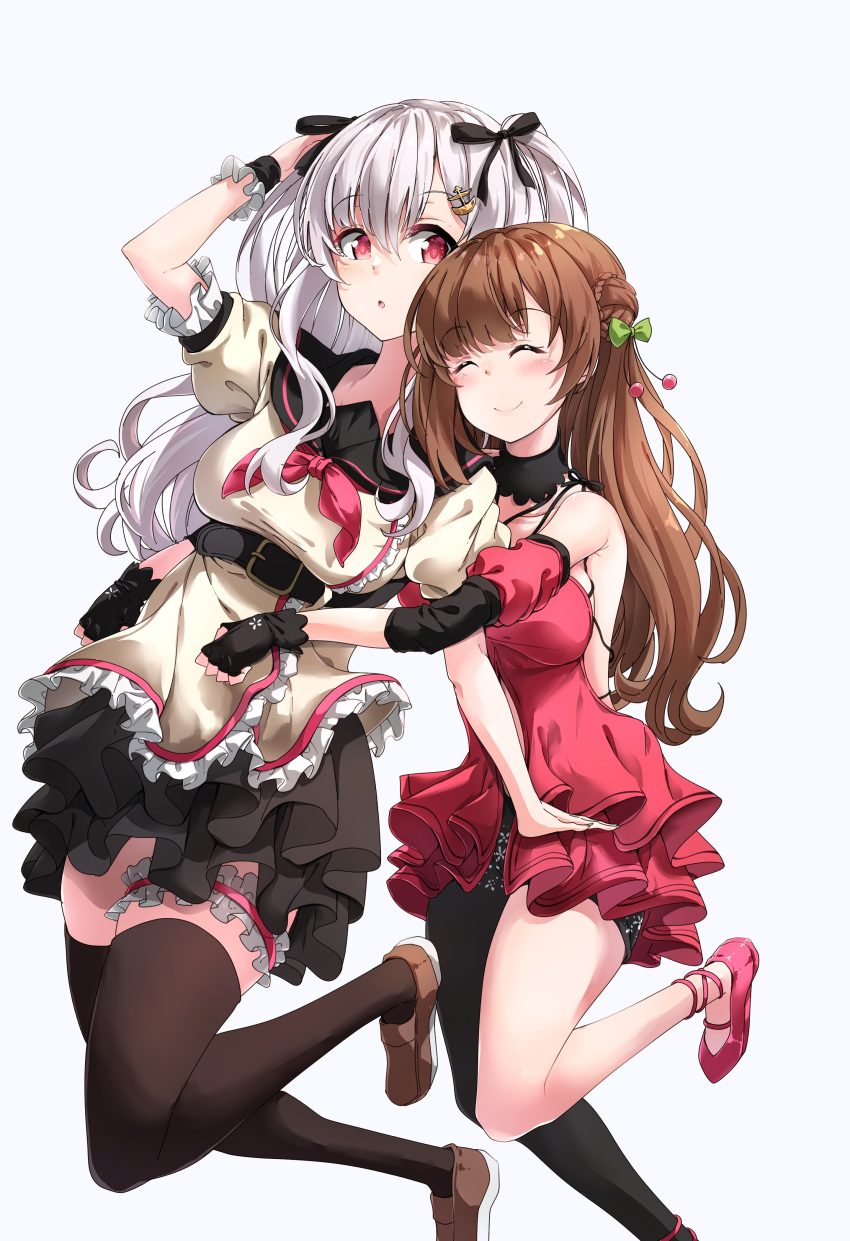 2girls ^_^ absurdres arm_up bangs black_bow black_legwear black_sailor_collar black_skirt blush bow braid breasts brown_footwear brown_hair brown_legwear brown_shirt closed_eyes closed_mouth collarbone darjeeling_(reley) detached_sleeves dress eyebrows_visible_through_hair green_bow grey_background grey_hair hair_between_eyes hair_bow hair_bun hair_ornament highres hug kakyouin_chieri large_breasts layered_skirt leg_garter loafers long_hair multiple_girls neckerchief parted_lips pleated_skirt puffy_short_sleeves puffy_sleeves red_dress red_eyes red_footwear red_neckwear sailor_collar shirt shoes short_sleeves side_bun simple_background single_pantyhose skirt sleeveless sleeveless_dress smile standing standing_on_one_leg thighhighs two_side_up very_long_hair virtual_youtuber wrist_cuffs yozakura_tama