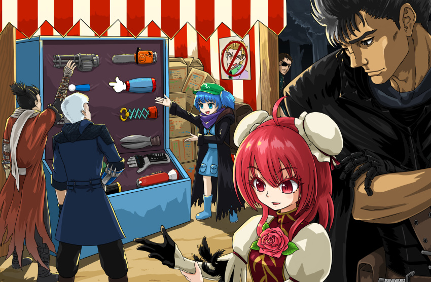 4boys backpack bag berserk black_hair blue_dress blue_eyes blue_footwear blue_hair box bun_cover chainsaw commentary_request cosplay crossover devil_may_cry devil_may_cry_5 doraemon dress evil_dead eyepatch flower gatling_gun green_hat guts hat highres ibaraki_kasen jacket jojo_no_kimyou_na_bouken kawashiro_nitori kira_yoshikage mechanical_arm merchant_(resident_evil) merchant_(resident_evil)_(cosplay) metal_gear_(series) minigun multiple_boys multiple_girls nero_(devil_may_cry) okema power_glove red_eyes red_hair resident_evil resident_evil_4 rose scarf sekiro:_shadows_die_twice shop short_hair silver_hair swiss_army_knife touhou trait_connection two_side_up venom_snake