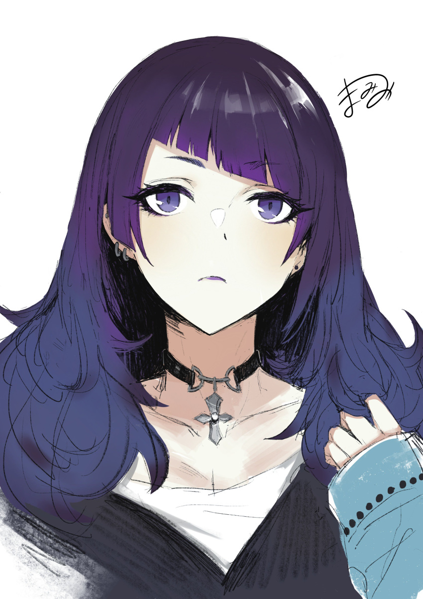 absurdres alternate_hairstyle bangs black_shirt breasts character_name choker cleavage closed_mouth collarbone commentary_request cross diagonal_bangs ear_piercing earrings eyebrows_visible_through_hair facing_viewer hair_down highres idolmaster idolmaster_shiny_colors jacket jewelry lipstick looking_at_viewer makeup mmmkawaine necklace piercing purple_eyes purple_hair purple_lips purple_lipstick shirt signature simple_background sketch solo stud_earrings tanaka_mamimi white_background white_shirt