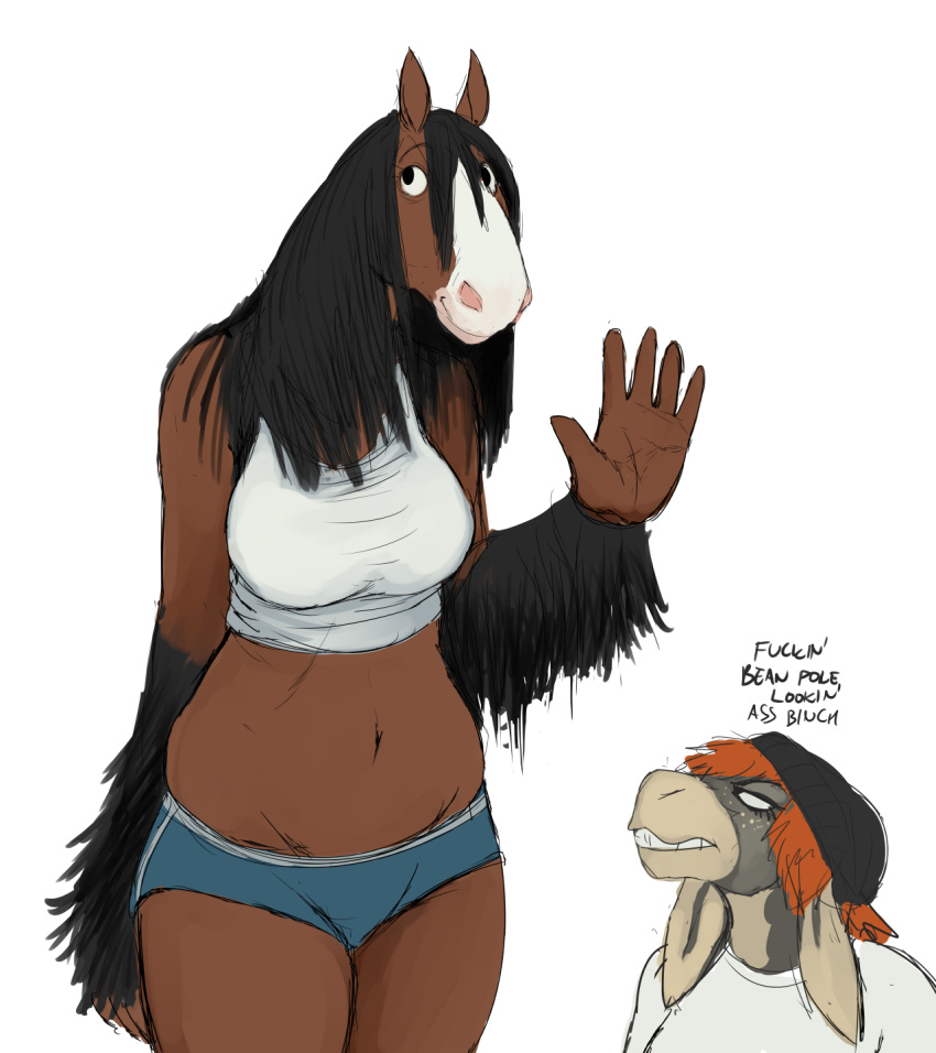 2018 anthro black_hair clothed clothing colored_sketch crop_top donk_sis donkey draft_horse duo equine feathering female fetlocks fur hair hairy hladilnik horse hotpants mammal midriff navel no_irises orange_hair shirt shorts simple_background size_difference standing tall tank_top tinker_(hladilnik) waving white_background
