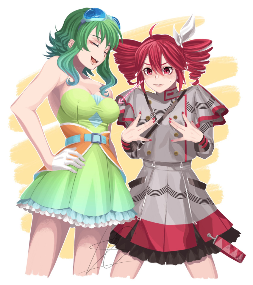 belt blue-tinted_eyewear breast_envy breasts cleavage commentary d_h_giang dress drill_hair english_commentary frilled_dress frills gloves goggles goggles_on_head green_dress green_hair green_skirt grey_jacket gumi gumi_(sv) highres jacket kasane_teto kasane_teto_(sv) musical_staff musical_staff_print pinstripe_dress pinstripe_pattern red_eyes red_hair red_nails red_trim ribbon short_hair short_hair_with_long_locks shoulder_belt shoulder_boards skirt synthesizer_v tinted_eyewear twin_drills utau vocaloid white_gloves white_ribbon