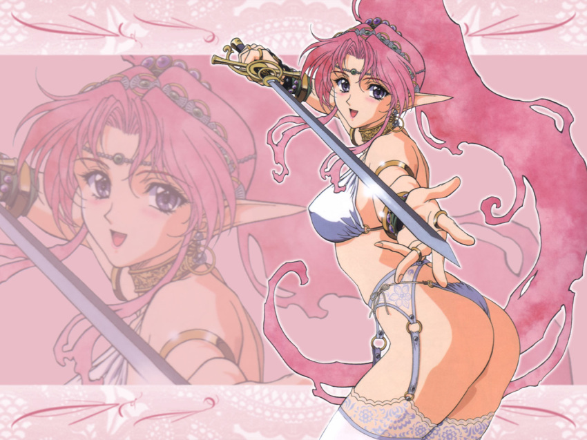 armlet ass bikini bikini_bottom bikini_top blue_eyes blush bracelet earrings elf garter_belt garter_straps high_ponytail holding holding_sword holding_weapon jewelry lace lace-trimmed_thighhighs long_hair looking_at_viewer open_mouth pink_hair pointy_ears rapier solo swimsuit sword thighhighs very_long_hair weapon yoshizane_akihiro zoom_layer