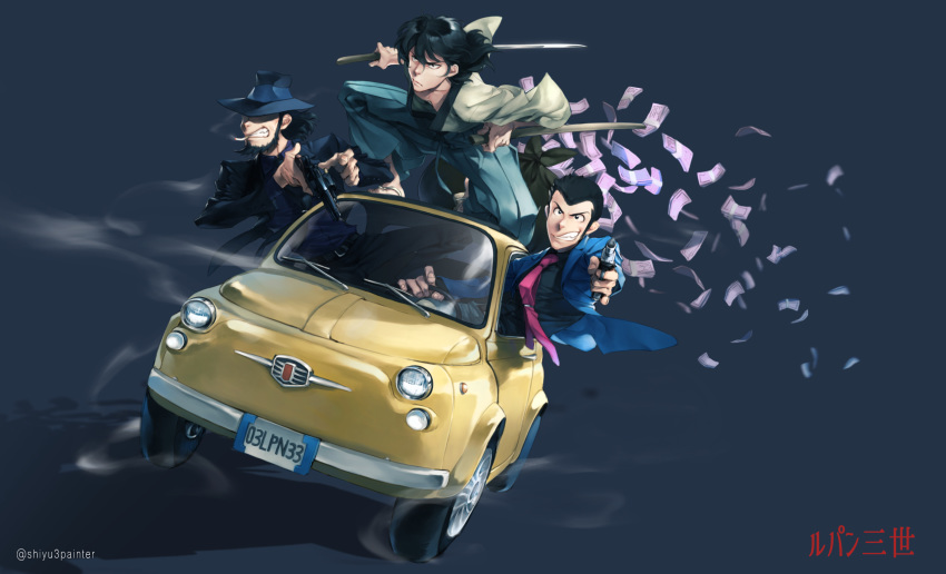 aiming aiming_at_viewer arsene_lupin_iii beard black_hair black_jacket blue_jacket car cigarette clenched_teeth driving facial_hair fiat_500 fighting_stance formal ground_vehicle gun handgun highres ishikawa_goemon_xiii jacket jigen_daisuke katana lupin_iii lupin_iii_part_5 male_focus money motor_vehicle multiple_boys necktie on_vehicle one_knee purple_neckwear reloading revolver shiyuu_(shiyu) smoke_trail smoking suit sword teeth through_window weapon