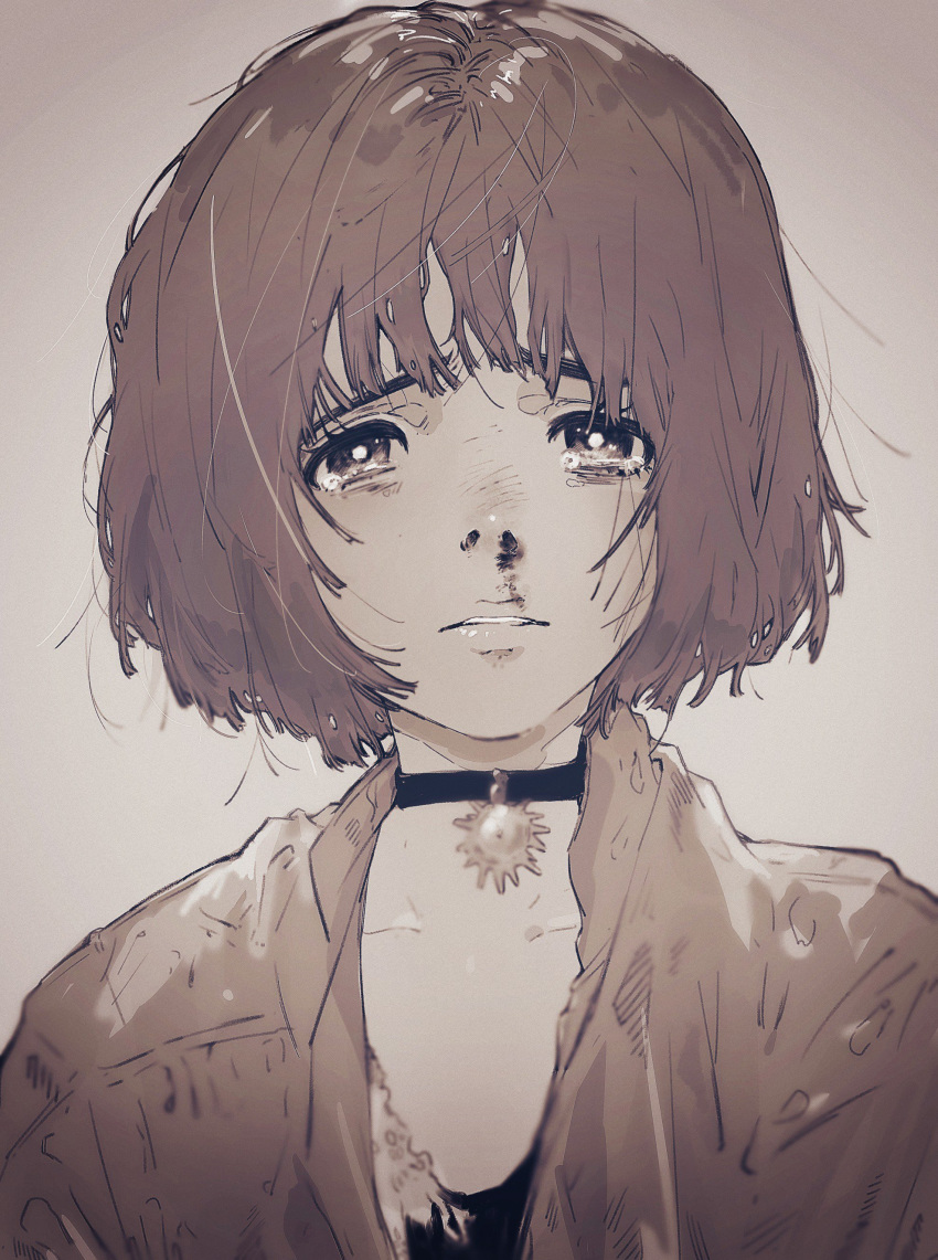 absurdres bangs black_choker blood bloody_nose choker daruma_owl highres jewelry leon_the_professional looking_at_viewer mathilda_lando pendant portrait sepia shirt short_hair solo