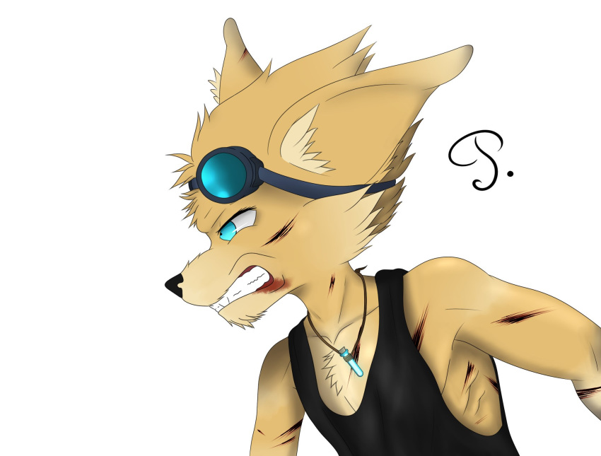 2018 angry anthro athletic blood canine clothing eyewear fennec fox goggles hi_res inner_ear_fluff jewelry male mammal necklace pakyart15 paladins pip_(paladins) scar shirt solo tank_top wounded