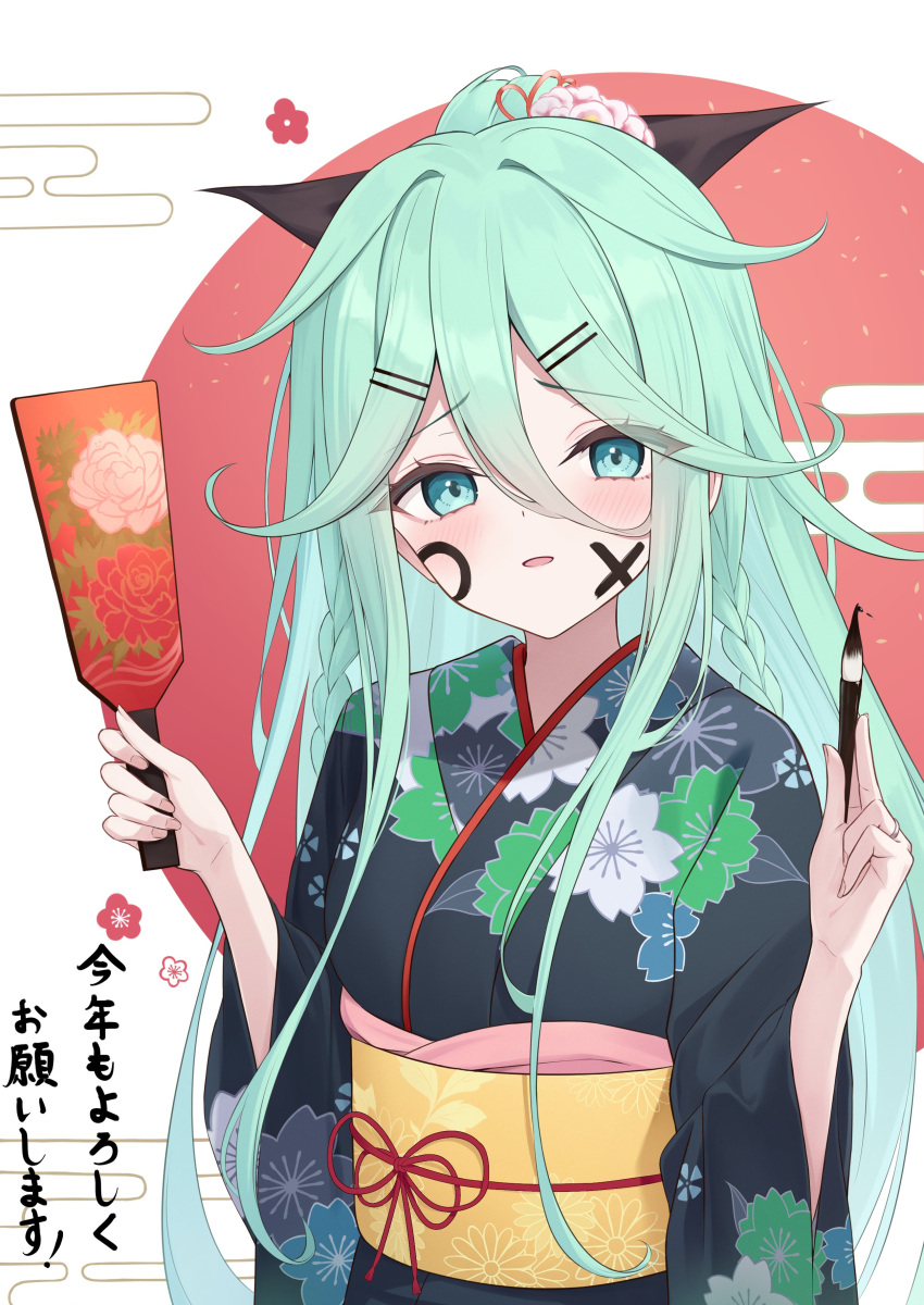 1girl absurdres black_kimono calligraphy_brush commentary_request facepaint floral_print green_eyes green_hair hagoita highres holding japanese_clothes kantai_collection kimono long_hair new_year paddle paintbrush ponytail solo translation_request yachima yamakaze_(kancolle) yamakaze_(new_year)_(kancolle)