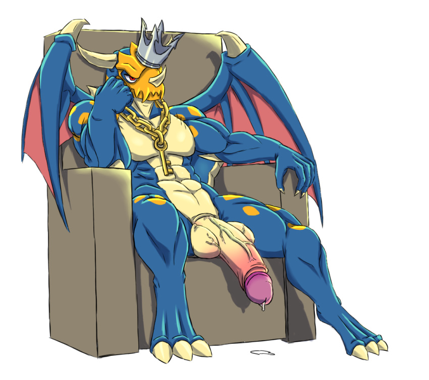 balls big_penis blue_skin chair cheese_cake crown dragon dragon_city humanoid_penis male muscular muscular_male penis precum royalty simple_background sitting skullface_dragon throne vein white_background