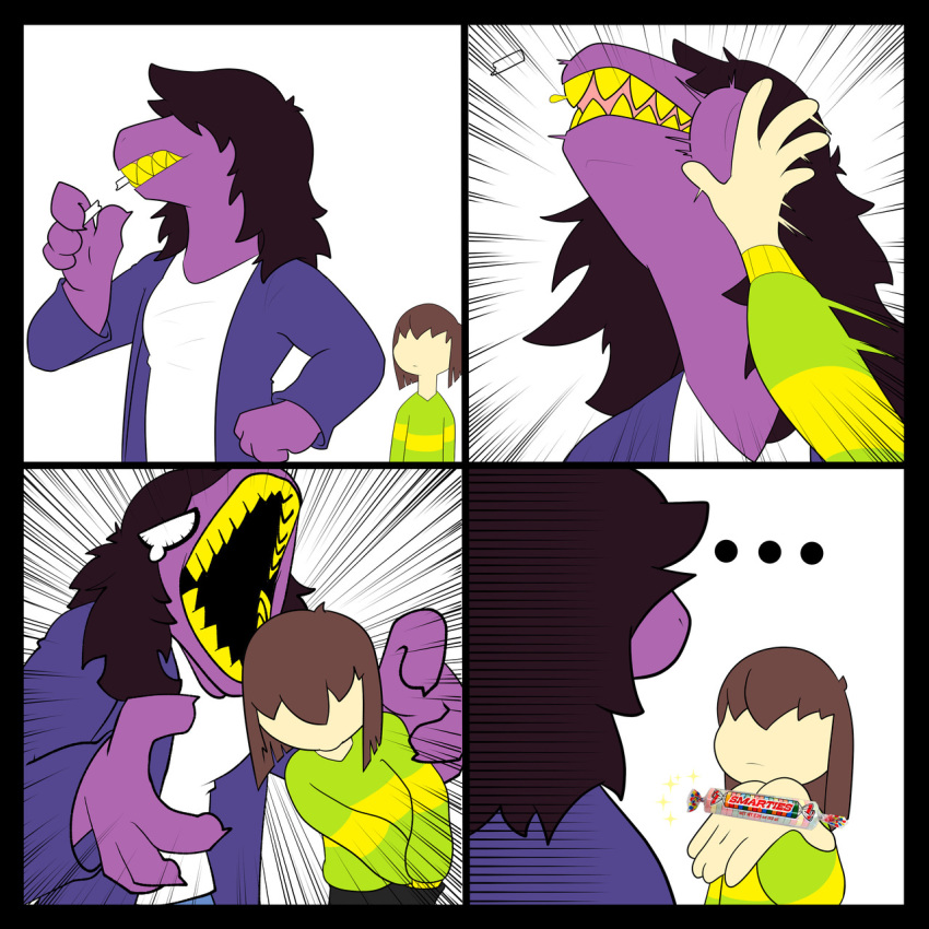 ... angry annoyed anthro bran-draws-things candy claws clothed clothing deltarune duo eating fangs food hair holding_object human jacket kris_(deltarune) mammal monster nails offering_(disambiguation) scalie sharp_teeth slap smarties susie_(deltarune) tears teeth