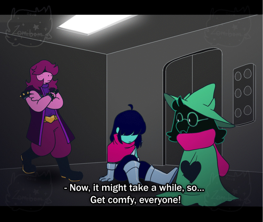 &lt;3 animated caprine deltarune dragon elevator english_text eyewear glasses goat hat human kris_(deltarune) leaning_against_wall lizard male mammal ralsei reptile scalie scarf sitting susie_(deltarune) text zomibom