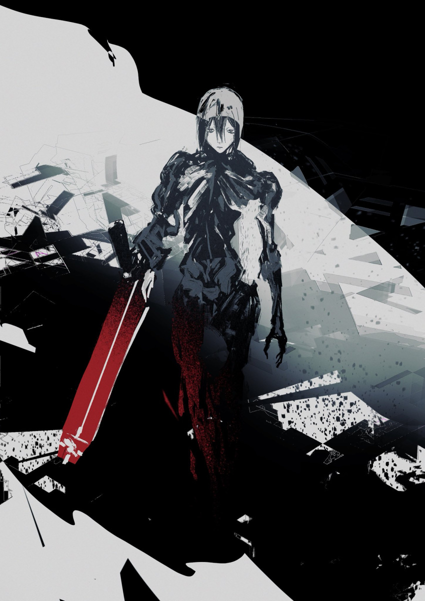 1girl abstract_background android arm_cannon beam_cannon beam_rifle black_hair blame! cannon closed_mouth destruction energy_cannon energy_gun expressionless full_body geometry hair_between_eyes highres humanoid_robot joints looking_at_viewer math mechanical_arms mechanical_legs nude robot robot_girl robot_joints safeguard_(blame!) sanakan science_fiction shake_(shyakep) short_hair solo standing weapon