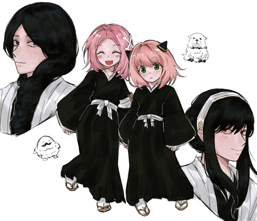 4girls anima_tion_1 anya_(spy_x_family) black_hair black_hakama bleach bleach:_sennen_kessen-hen blue_eyes blush_stickers bond_(spy_x_family) bone_hair_ornament braid color_connection cosplay crossover dog green_eyes hair_color_connection hair_ornament hairband hairpods hakama haori highres japanese_clothes kusajishi_yachiru kusajishi_yachiru_(cosplay) multiple_girls pink_hair red_eyes shihakusho smile spy_x_family taichou_haori unohana_retsu unohana_retsu_(cosplay) white_hairband white_haori yor_briar