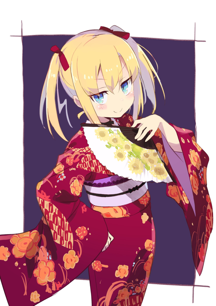 absurdres amaryllis_class bangs blonde_hair blue_eyes blush bow closed_mouth commentary_request eyebrows_visible_through_hair fan fingernails floral_print folding_fan hair_between_eyes hair_bow hand_up highres holding holding_fan japanese_clothes kimono kotohara_hinari long_hair long_sleeves looking_at_viewer obi print_kimono purple_background red_bow red_kimono sash sidelocks sleeves_past_wrists smile solo tama_(tama-s) twintails two-tone_background virtual_youtuber white_background