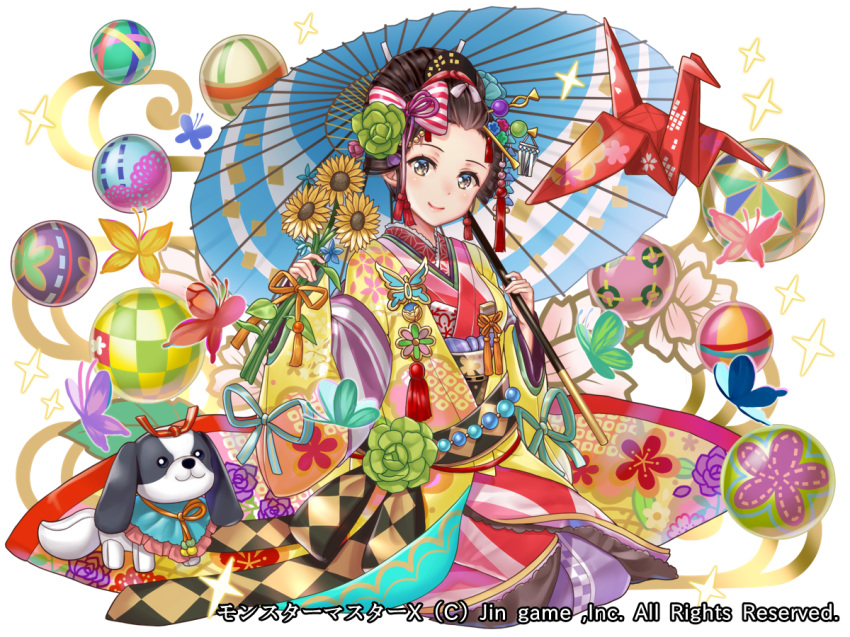 ball blue_eyes blue_umbrella blush bow brown_hair bug butterfly character_request closed_mouth copyright_name egasumi floral_print flower full_body hair_bow hair_flower hair_ornament hair_stick hakuda_tofu holding holding_flower holding_umbrella insect japanese_clothes kimono long_sleeves looking_at_viewer monster_master_x nihongami obi oriental_umbrella origami paper_crane parasol sash seiza sitting solo sparkle stuffed_animal stuffed_dog stuffed_toy sunflower tassel temari_ball umbrella wide_sleeves