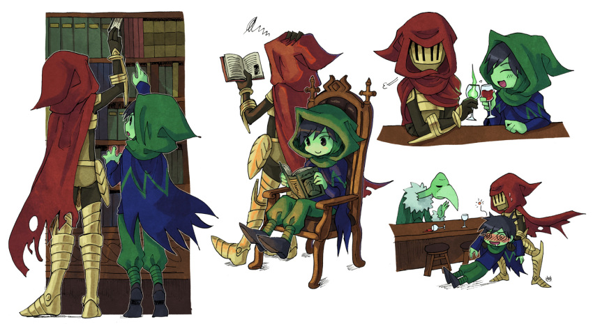 alcohol armchair blush book chair cup dark_acolyte_(shovel_knight) drinking_glass drunk eyes_closed green_skin hood reading sachy_(sachichy) shovel_knight sitting smile specter_knight wine wine_glass