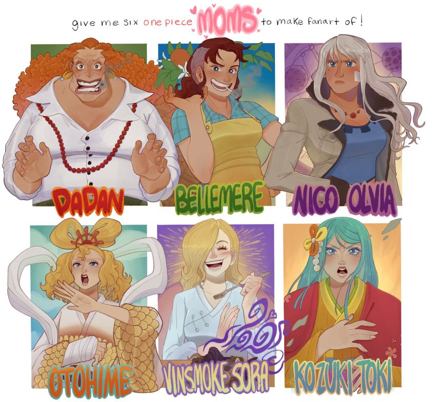 6+girls ^_^ apron aqua_hair bellemere blonde_hair blue_eyes blush character_name cigarette closed_eyes coat commentary crop_top curly_dadan curly_hair earrings eating english_commentary hagoromo hair_over_one_eye highres hoop_earrings itzjazzyjazzin japanese_clothes jewelry kimono kouzuki_toki long_hair looking_at_viewer multiple_drawing_challenge multiple_girls necklace nico_olvia one_piece open_mouth orange_hair otohime_(one_piece) pearl_necklace red_hair shawl shirt six_fanarts_challenge smile vinsmoke_sora white_hair white_shirt wide_sleeves yellow_apron