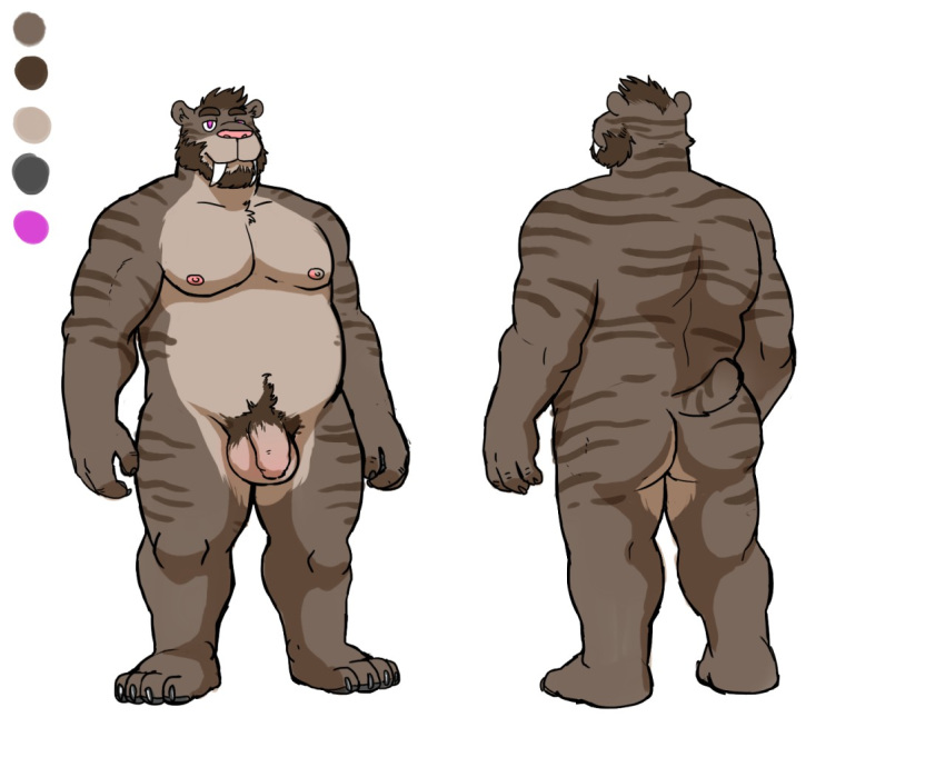 2018 anthro balls beard biceps brown_hair butt facial_hair fangs feline hair humanoid_penis hyenaface male mammal model_sheet nipples nude overweight overweight_male penis pubes purple_eyes roantiger saber-toothed_cat simple_background solo standing uncut white_background