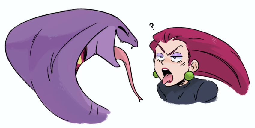 1girl ? arbok blue_eyes creatures_(company) earrings eyeshadow game_freak gen_1_pokemon jewelry lipstick makeup musashi_(pokemon) nintendo open_mouth pokemon snake tongue tongue_out yamujiburo