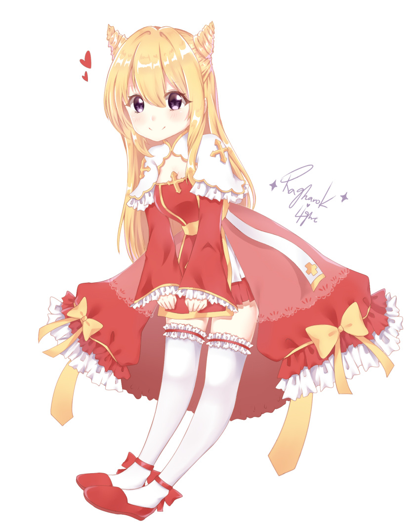 bangs black_bow black_footwear blonde_hair blush bow closed_mouth dress eyebrows_visible_through_hair frilled_legwear frilled_sleeves frills hair_between_eyes heart high_priest highres light_(luxiao_deng) long_hair long_sleeves looking_at_viewer purple_eyes ragnarok_online red_dress shoes short_over_long_sleeves short_sleeves simple_background sleeves_past_wrists smile solo thighhighs very_long_hair white_background white_legwear wide_sleeves yellow_bow