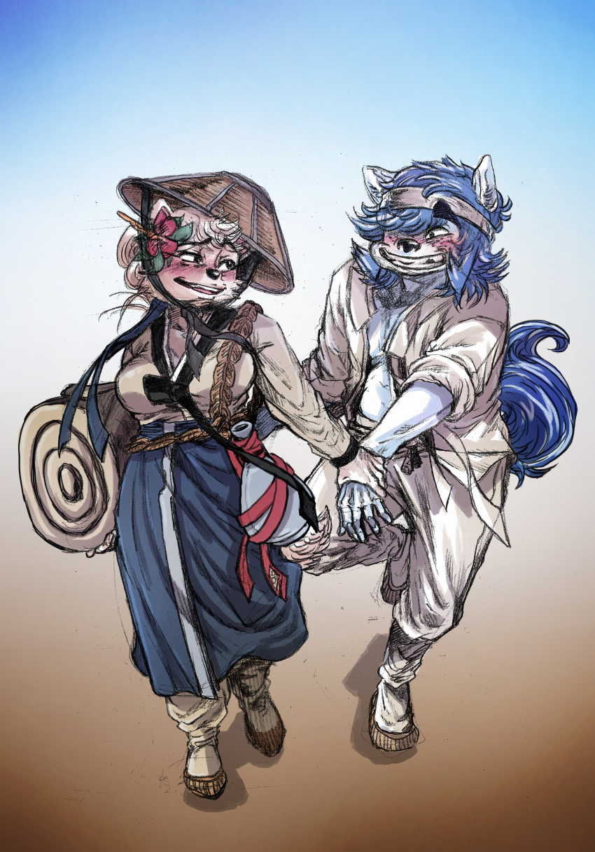 2017 absurd_res anthro big_breasts biped black_nose blue_background blue_fur blue_hair blush bottle breasts canine cleavage clothed clothing conical_hat digital_media_(artwork) digital_painting_(artwork) dog dress duo eye_contact female flower flower_in_hair fluffy fluffy_tail footwear freckles front_view full-length_portrait fur gradient_background grey_fur hair hair_bun hair_over_eye hanbok hand_holding hatching_(technique) headband hi_res high-angle_view holding_object hwi-jeong_(ryonggay) hybrid inner_ear_fluff jindo kemono kishu_inu korean korean_clothing legwear long_dress long_socks loose_clothing male mammal martial_arts mixed_media on_one_leg open_clothing open_mouth open_shirt open_smile orange_background plant portrait raised_eyebrows rolled_up_sleeves romantic_couple ryonggay shoes short_hair simple_background smile socks standing traditional_media_(artwork) uniform walking white_background white_fur white_hair wolf yong-sil_(ryonggay)