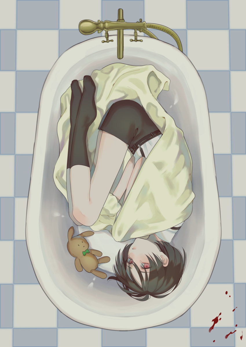 bathtub black_hair black_legwear black_shorts blanket blood blood_splatter bow fetal_position full_body green_bow green_neckwear highres kirudai kneehighs looking_at_viewer lying male_focus on_side original pink_eyes shorts solo stuffed_animal stuffed_bunny stuffed_toy tile_floor tiles upside-down yellow_blanket