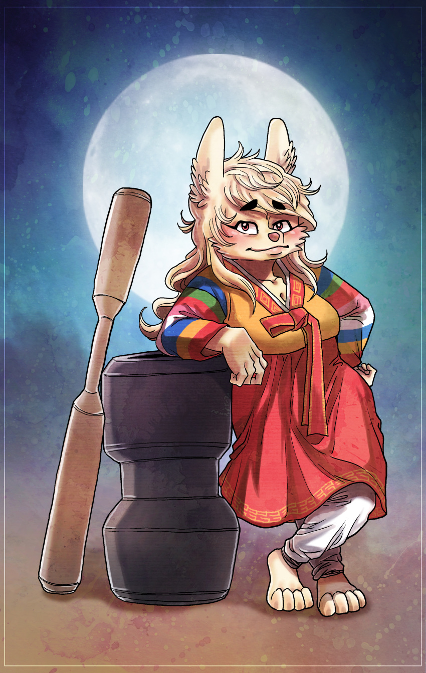 2017 4_fingers 4_toes absurd_res anthro barefoot biped blush breasts brown_eyes brown_nose by-nc-nd cheek_tuft cleavage clothed clothing collarbone creative_commons crossed_legs digital_drawing_(artwork) digital_media_(artwork) female front_view full-length_portrait full_moon fur hair hanbok hand_on_hip hi_res humanoid_hands japanese_mythology kemono korean korean_clothing lagomorph leaning_on long_hair looking_at_viewer mammal medium_breasts moon moon_rabbit mortar_and_pestle mythology portrait rabbit ryonggay shadow slightly_chubby smile solo standing toes tuft white_fur white_hair yong-sil_(ryonggay)