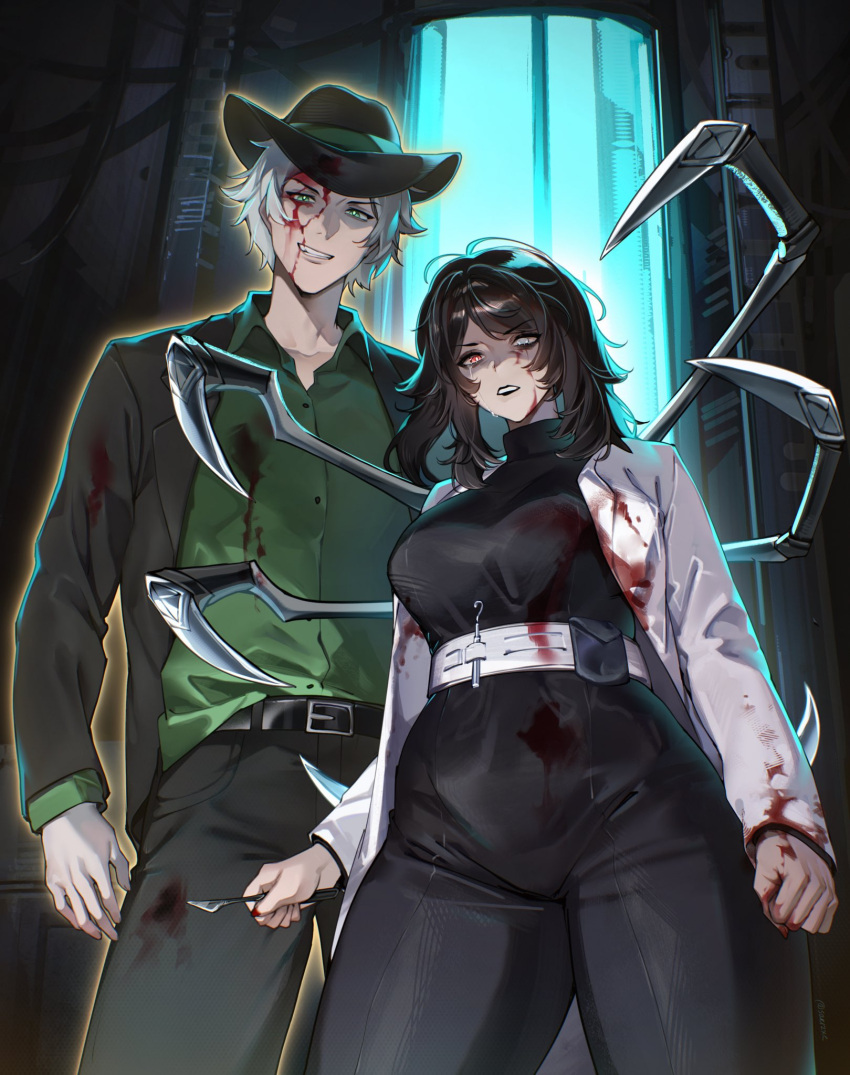 1boy 1girl black_hair black_hat black_jacket black_pants black_shirt blood blood_on_clothes blue_eyes character_request coat collarbone commission copyright_request cowboy_shot green_shirt grey_eyes grey_hair hat heterochromia highres holding holding_scalpel jacket lab_coat orange_eyes pants sakichka scalpel shirt white_coat