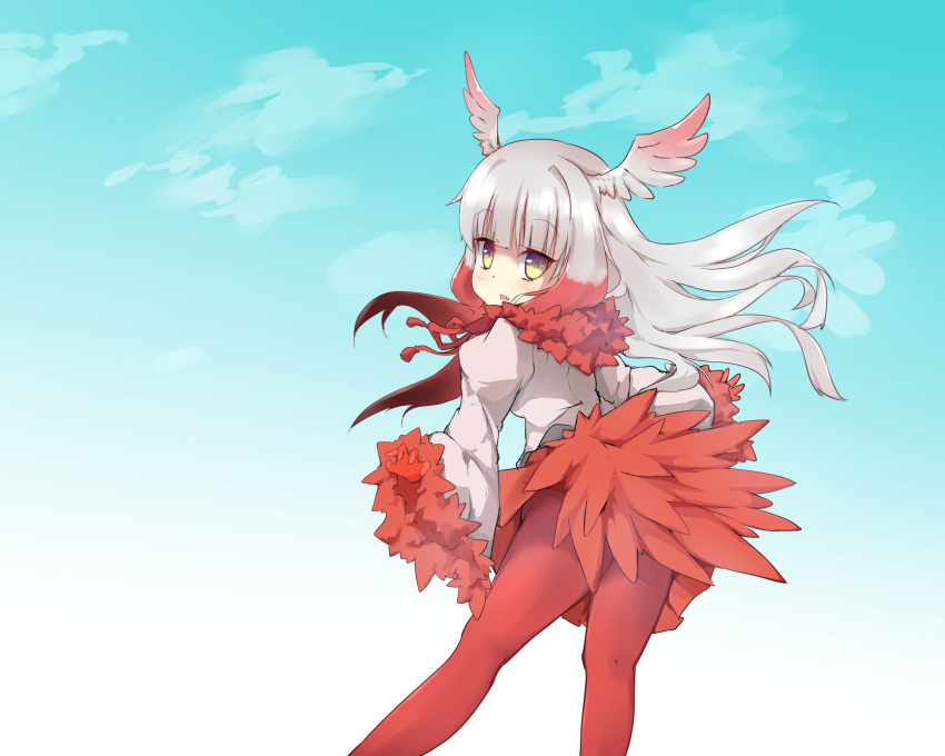 a-lapin absurdres ass bangs bird_tail blue_sky blunt_bangs chestnut_mouth cloud cloudy_sky commentary day eyebrows_visible_through_hair fang feathers feet_out_of_frame from_behind gloves hair_intakes head_wings highres japanese_crested_ibis_(kemono_friends) jitome kemono_friends kneepits leaning_forward long_hair long_sleeves looking_at_viewer looking_back miniskirt multicolored_hair open_mouth outdoors outstretched_arms outstretched_legs pantyhose petite pleated_skirt raised_eyebrows red_feathers red_gloves red_hair red_legwear red_skirt sketch_eyebrows skirt sky solo two-tone_hair upskirt white_hair wide_sleeves yellow_eyes