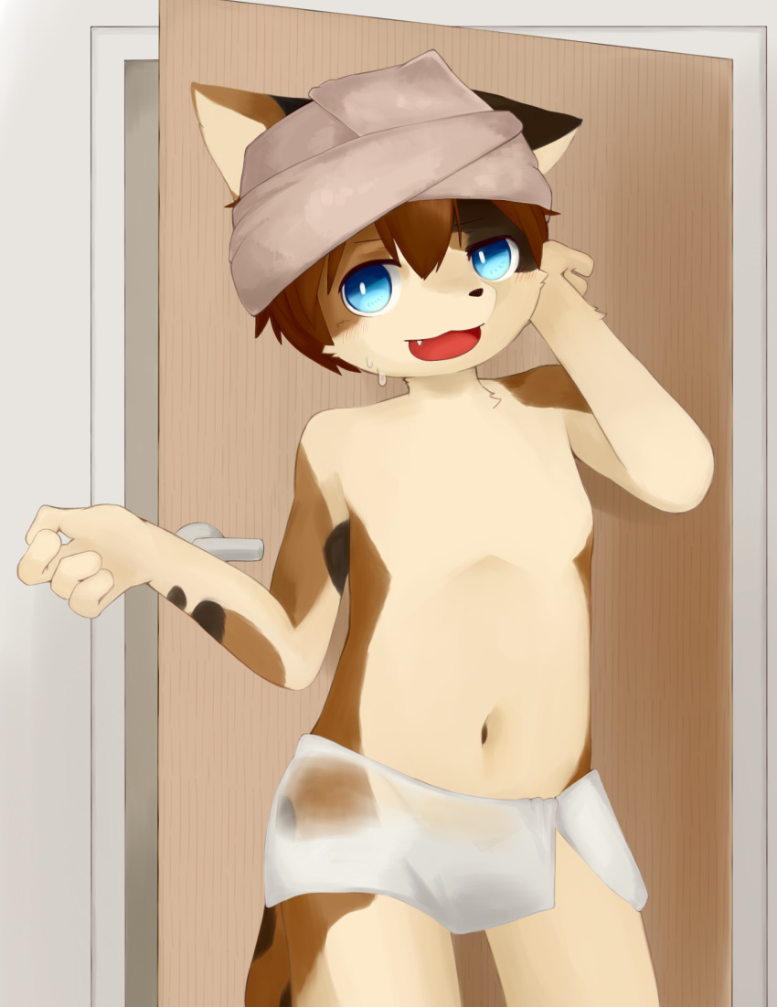 4_fingers blue_eyes blush brown_fur cat cub feline fur keito male mammal navel solo standing towel wet white_fur young
