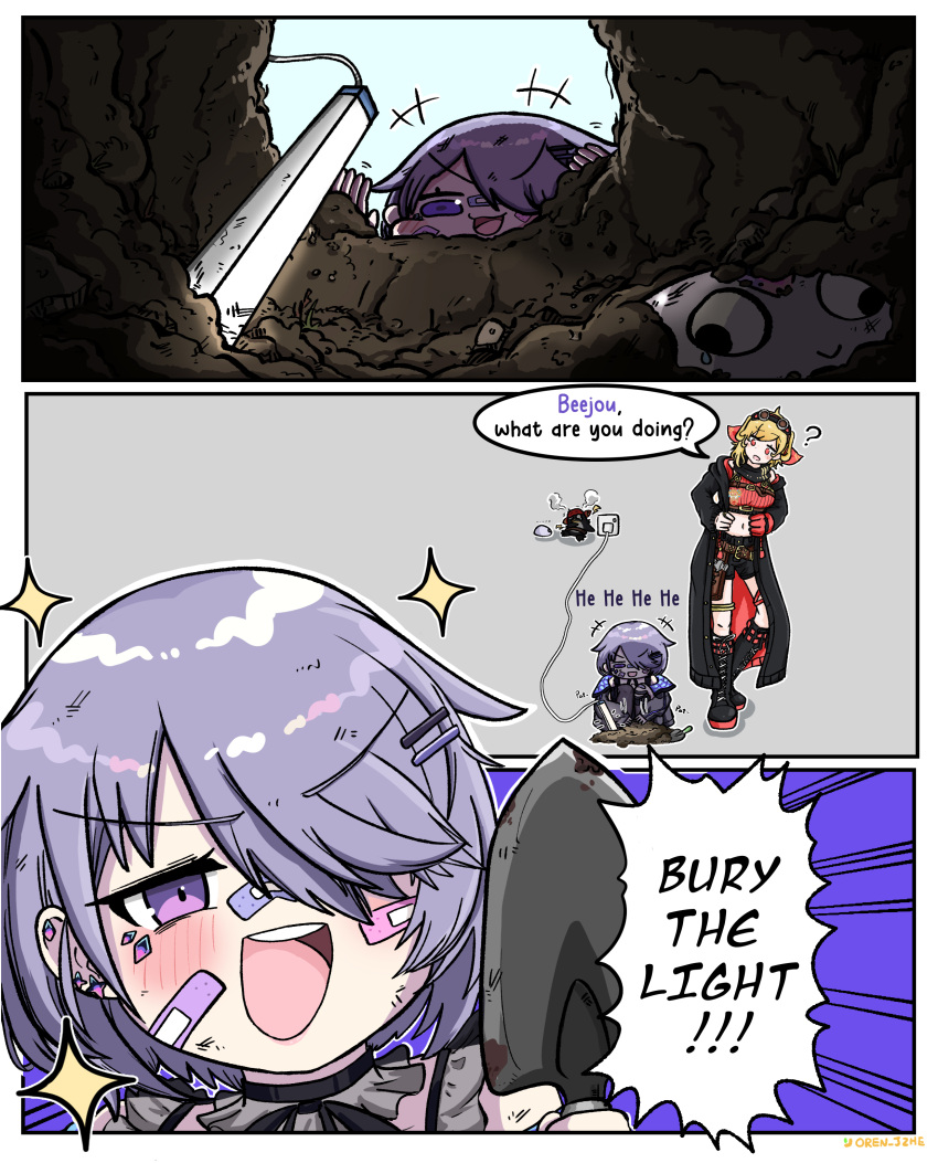 2girls absurdres bandaid bandaid_on_cheek bandaid_on_face bandaid_on_nose belt black_boots black_coat black_shorts blonde_hair boots brown_belt chest_belt closed_mouth coat colored_shoe_soles cropped_sweater double-parted_bangs earrings full_body gloves goggles goggles_on_head hairband hammer highres hololive hololive_english hololive_indonesia hood hooded_coat jewel_under_eye jewelry kaela_kovalskia kaela_kovalskia_(4th_costume) knee_boots koseki_bijou koseki_bijou_(casual) lace-up_boots looking_at_viewer mallet medium_hair midriff multiple_girls navel o-ring o-ring_thigh_strap open_clothes open_coat orangejuicezhe pebble_(koseki_bijou) pouch quilted_jacket red-tinted_eyewear red_eyes red_gloves red_hairband red_sweater ribbed_sweater ring short_shorts shorts simple_background single_earring single_glove single_sidelock sleeveless sleeveless_sweater sleeves_past_wrists smile solo straight-on sweater swept_bangs thigh_pouch thigh_strap thighlet tinted_eyewear virtual_youtuber