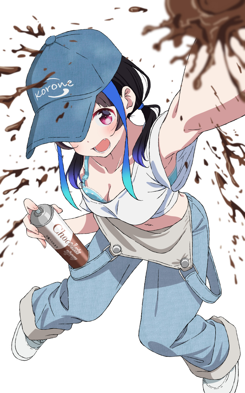 1girl absurdres aki_(yunkana) armpits baseball_cap black_hair blue_bra blue_hat blue_overalls bra breasts can chocolate cleavage colored_tips commentary_request crop_top cropped_shirt denim denim_overalls english_text fang foreshortening from_above full_body hat highres holding holding_can kanojo_okarishimasu large_breasts legs_apart looking_at_viewer looking_up medium_hair midriff mixed-language_text multicolored_hair navel off-shoulder_shirt off_shoulder one_eye_covered open_mouth overalls pink_eyes polka_dot polka_dot_bra shirt shoes short_sleeves simple_background single_off_shoulder sneakers solo spray_can standing translation_request twintails underwear white_background white_shirt white_shoes yaemori_mini