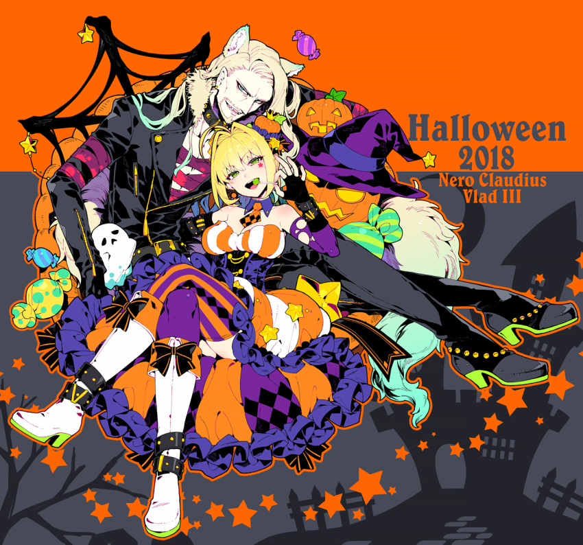 1girl ahoge animal_ears bandages beard black_legwear blonde_hair boots bow breasts candy cleavage commentary_request detached_collar eyebrows_visible_through_hair eyeshadow facial_hair facial_mark fate/grand_order fate_(series) fingerless_gloves food ghost gloves green_eyes hair_intakes halloween halloween_costume hat jack-o'-lantern jacket koshiro_itsuki leather leather_boots leather_gloves leather_jacket leather_pants lollipop long_hair long_sleeves makeup necktie nero_claudius_(fate) nero_claudius_(fate)_(all) pants puffy_dress pumpkin sharp_teeth silk smile spider_web star striped striped_legwear teeth vlad_iii_(fate/apocrypha) witch_hat