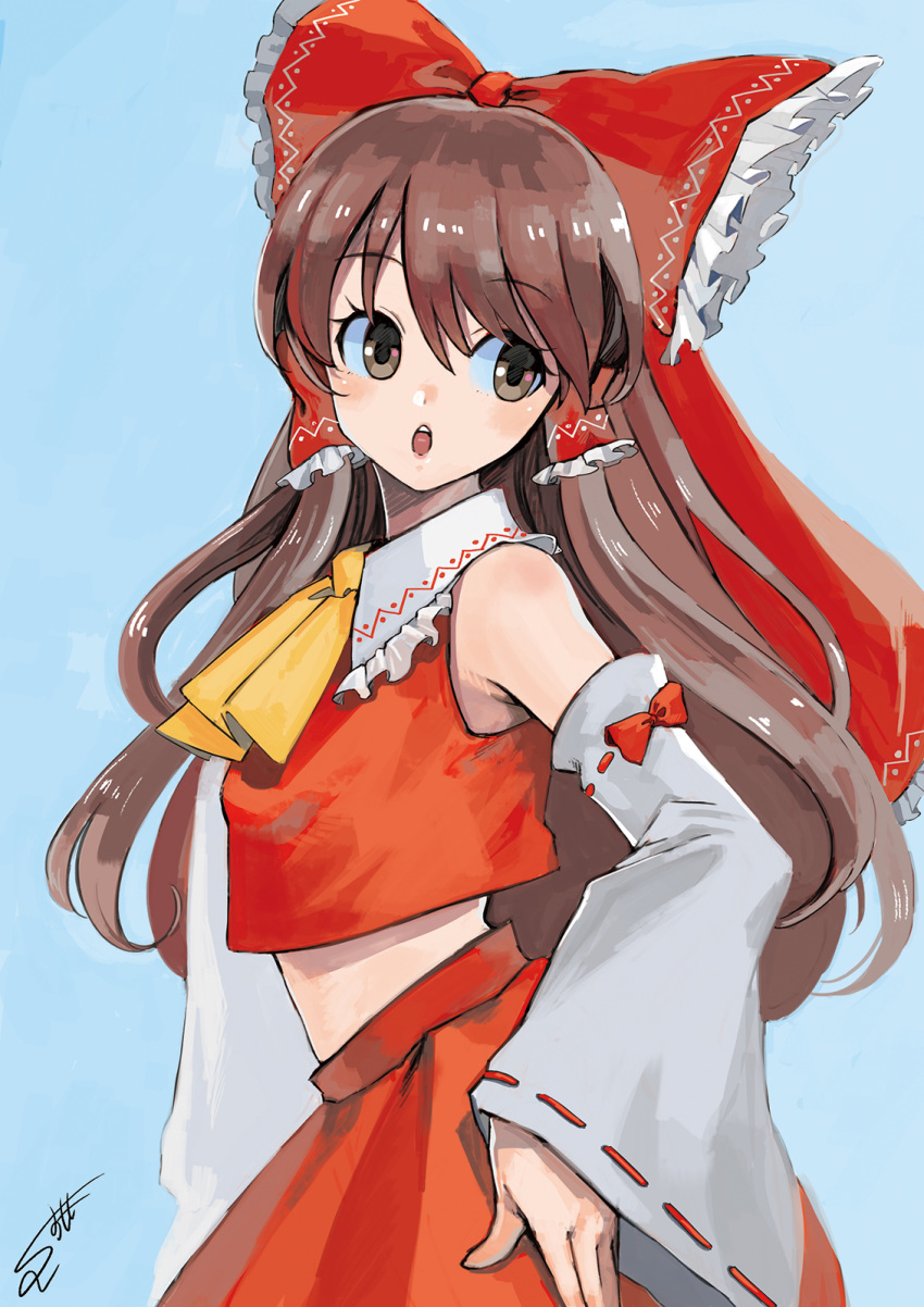 bangs bare_shoulders blue_background blush bow brown_eyes brown_hair collared_shirt detached_sleeves eyebrows_visible_through_hair frilled_shirt_collar frills hair_bow hair_tubes hakurei_reimu hand_on_hip head_tilt highres huge_bow japanese_clothes long_hair looking_back miko nontraditional_miko open_mouth red_bow red_shirt red_skirt ribbon ribbon-trimmed_sleeves ribbon_trim shirt signature skirt sleeveless sleeveless_shirt solo sumomo touhou yellow_neckwear