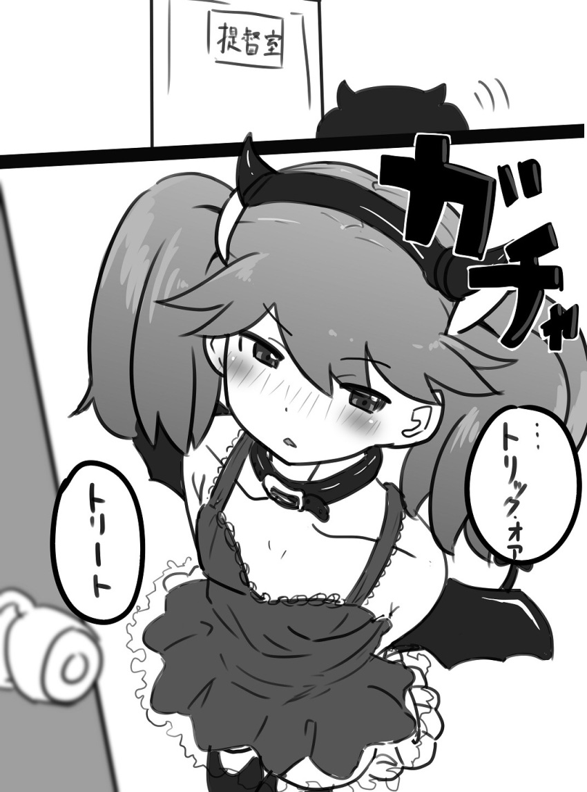 belt blush choker comic commentary_request demon_horns demon_wings door dress frilled_dress frills greyscale hairband halloween highres horns kantai_collection looking_away monochrome namakura_neo ryuujou_(kantai_collection) sleeveless sleeveless_dress translation_request twintails wings
