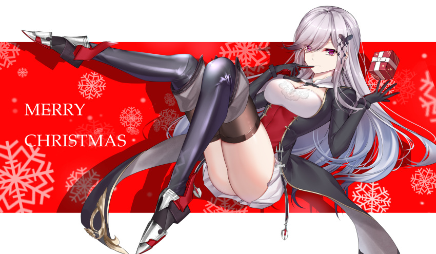 1girl azur_lane bangs boots breasts butterfly_hair_ornament choker christmas_present cleavage commentary_request dress dunkerque_(azur_lane) elbow_gloves eternity_(pixiv8012826) eyebrows_visible_through_hair gloves grey_hair hair_ornament highres jacket juliet_sleeves large_breasts long_hair long_sleeves looking_at_viewer merry_christmas pink_eyes puffy_sleeves red_background shadow sidelocks snowflake_background solo thigh_boots thighhighs white_background white_dress