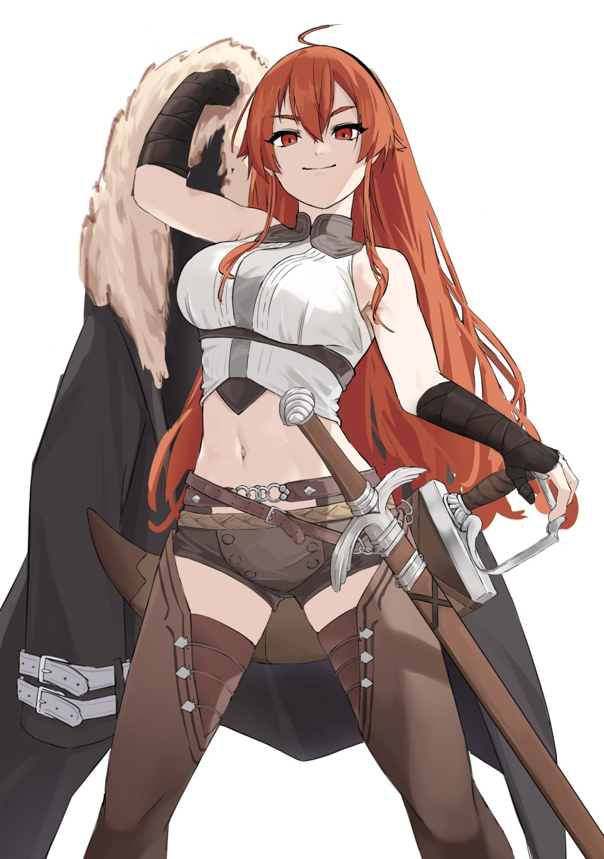 1girl abs absurdres ahoge arm_up armpit_peek bare_shoulders belt black_hairband black_jacket breasts brown_belt brown_shorts commentary crop_top crossed_bangs eris_greyrat feet_out_of_frame fur-trimmed_jacket fur_trim hair_between_eyes hairband hand_on_hilt hand_wraps highres holding holding_unworn_clothes holding_unworn_jacket jacket large_breasts legs_apart light_smile long_hair looking_at_viewer looking_down midriff mushoku_tensei navel ototoe partially_shaded_face red_eyes red_hair scabbard sheath shirt short_shorts shorts sidelighting simple_background sleeveless sleeveless_shirt solo standing sword tsurime underbust unworn_jacket weapon weapon_on_back white_background white_shirt