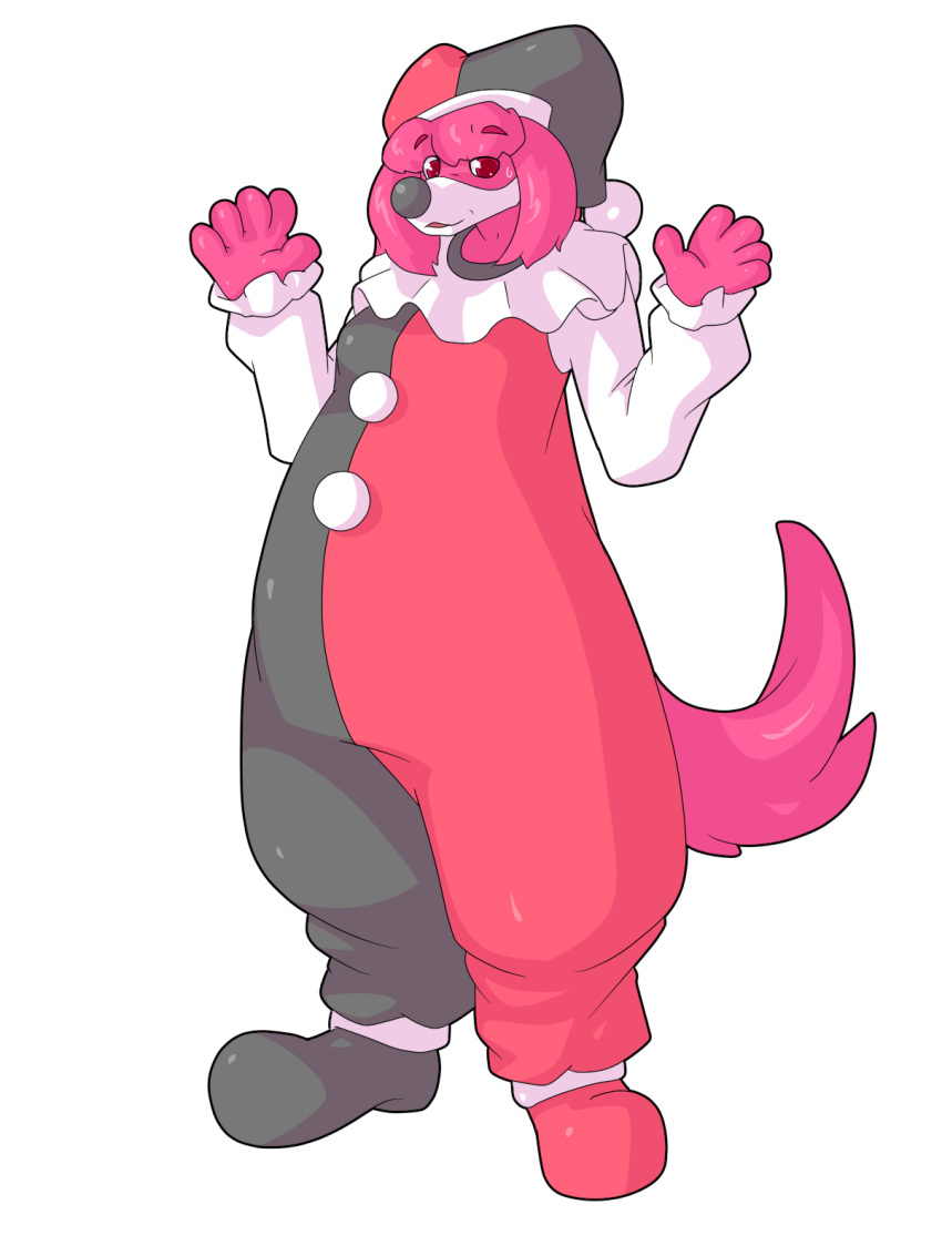 2014 ambiguous_gender canine clothed clothing clown dlrowdog jester looking_at_viewer mammal pink_eyes simple_background sweat white_background