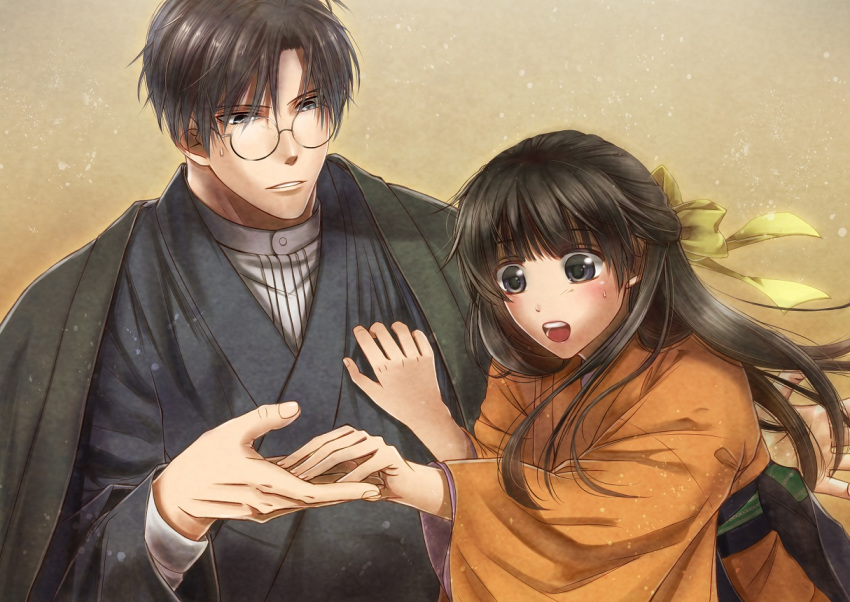 1girl black_hair blush bow brown_background brown_hair glasses hair_bow hakama hand_on_another's_chest hetero izumi_(stardustalone) japanese_clothes kimono long_hair orange_kimono original parted_lips renri_no_chigiri_wo_kimi_to_shiru sweatdrop touching upper_body wide_sleeves yellow_bow