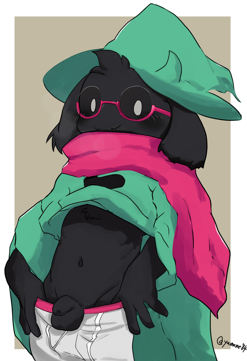 4_fingers anthro blush boxers_(clothing) caprine child clothing cub deltarune eyewear flaccid foreskin glasses goat hat looking_at_viewer male mammal monster navel penis ralsei robe scarf solo standing uncut underwear yamane84 young