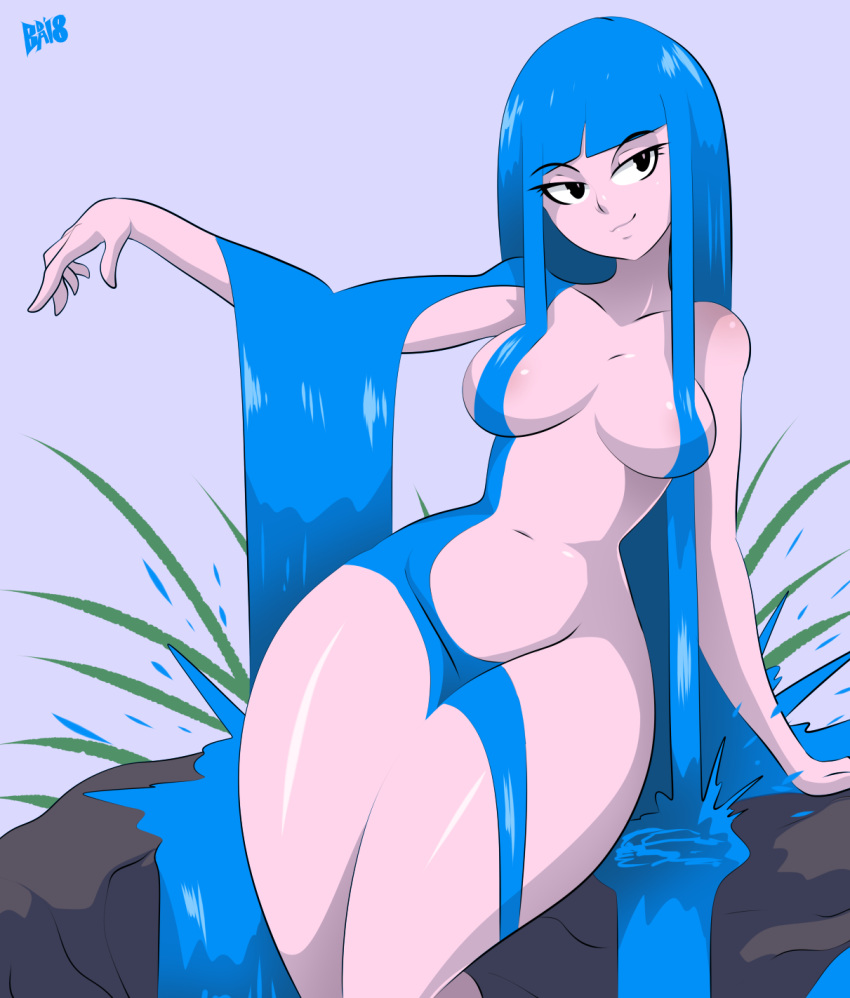 bad_id bad_tumblr_id bangs bigdead93 black_eyes blue_hair blunt_bangs borrowed_character breasts collarbone cowboy_shot eyebrows_visible_through_hair highres hips kelda_(akairiot) lavender_background liquid_hair long_hair medium_breasts navel nude original outdoors outstretched_arm pink_skin plant rock signature sitting smile solo toon water