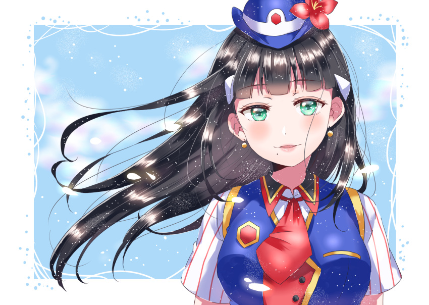 bangs black_hair blue_hat blue_vest blush collared_shirt earrings flower green_eyes hair_blowing hair_ornament happy_party_train hat hat_flower jewelry kaisou_(0731waka) kurosawa_dia long_hair looking_at_viewer love_live! love_live!_sunshine!! necktie parted_lips petals red_flower red_neckwear shirt short_sleeves solo striped_sleeves upper_body vest